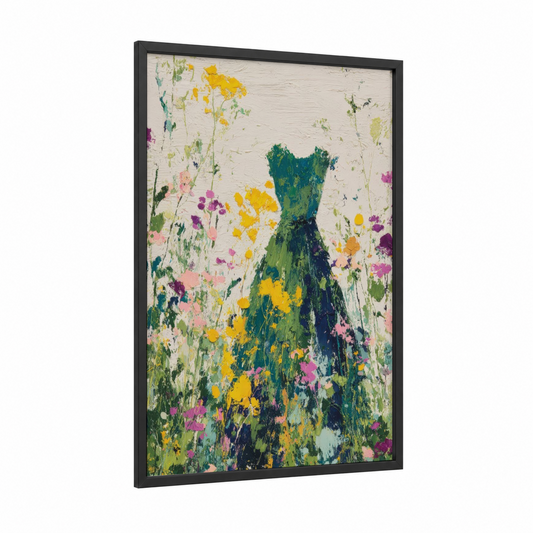 Blooming Dress framed fashion illustration print — black wood frame — yellow gold and pink palette