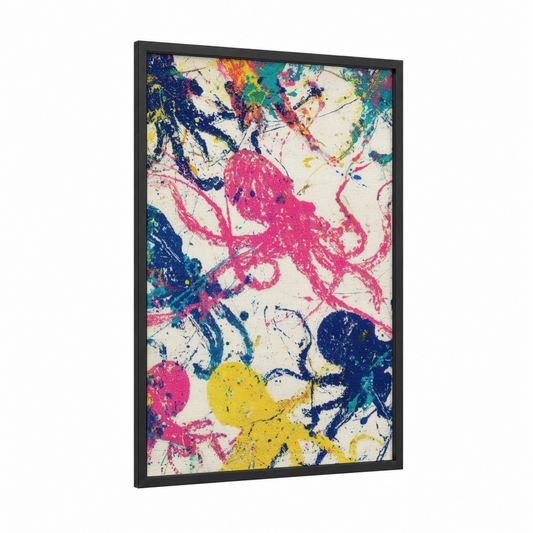 Vibrant Squid Dance framed art print — black wood frame — magenta and black palette
