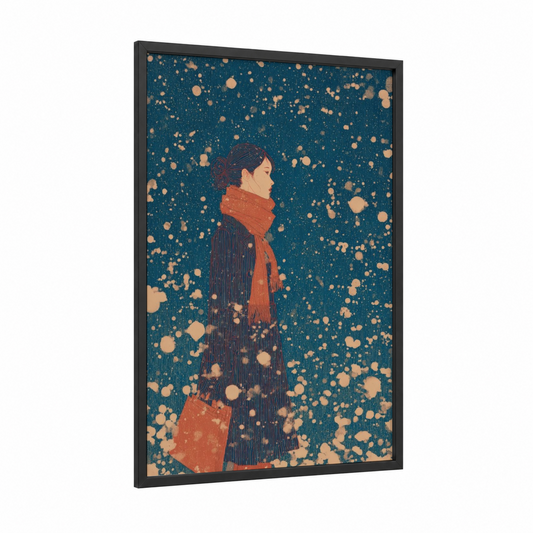 Winter Elegance framed fashion illustration print — black wood frame — dark blue and peach palette