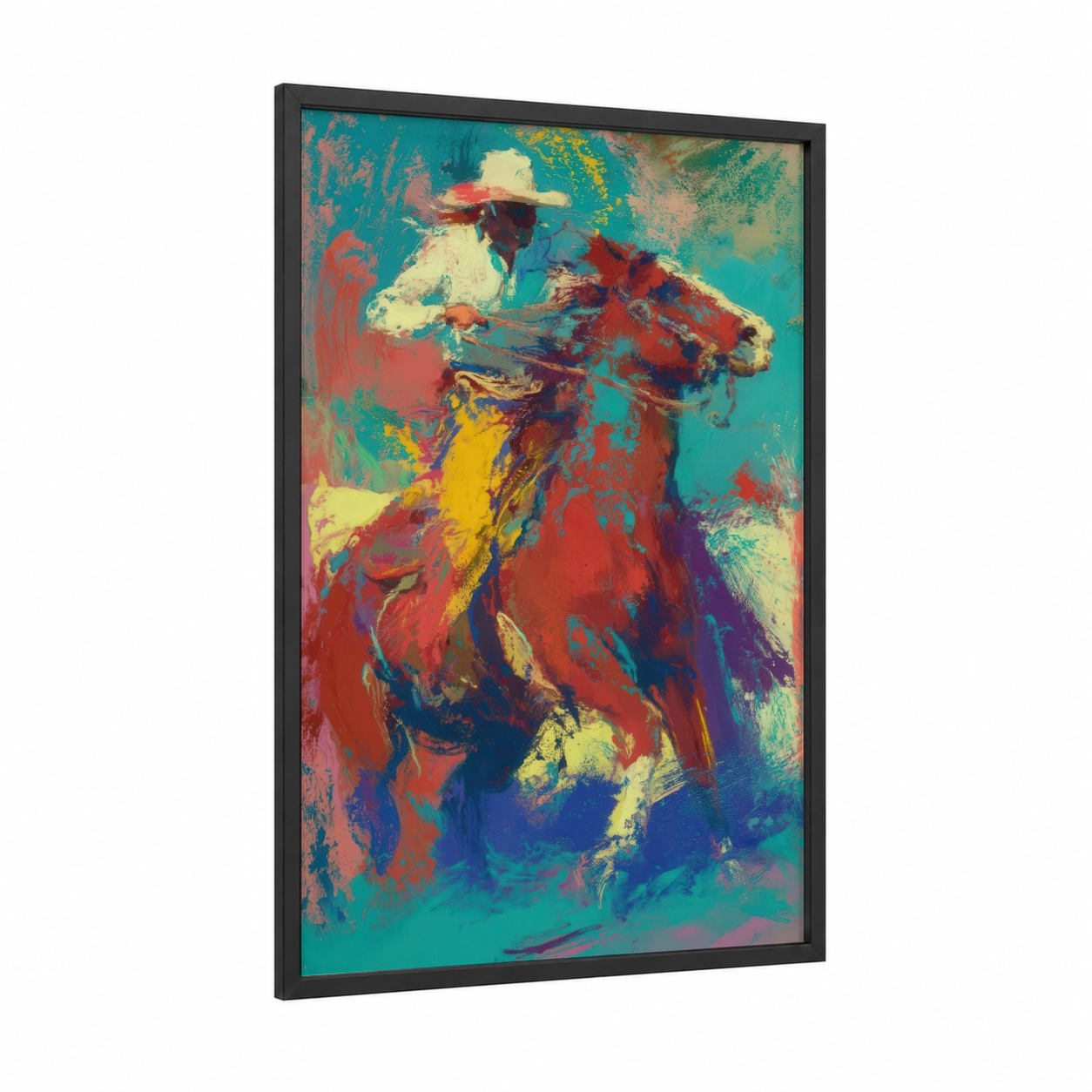 Colorful Quarter Horse framed art print — black wood frame — turquoise and red palette