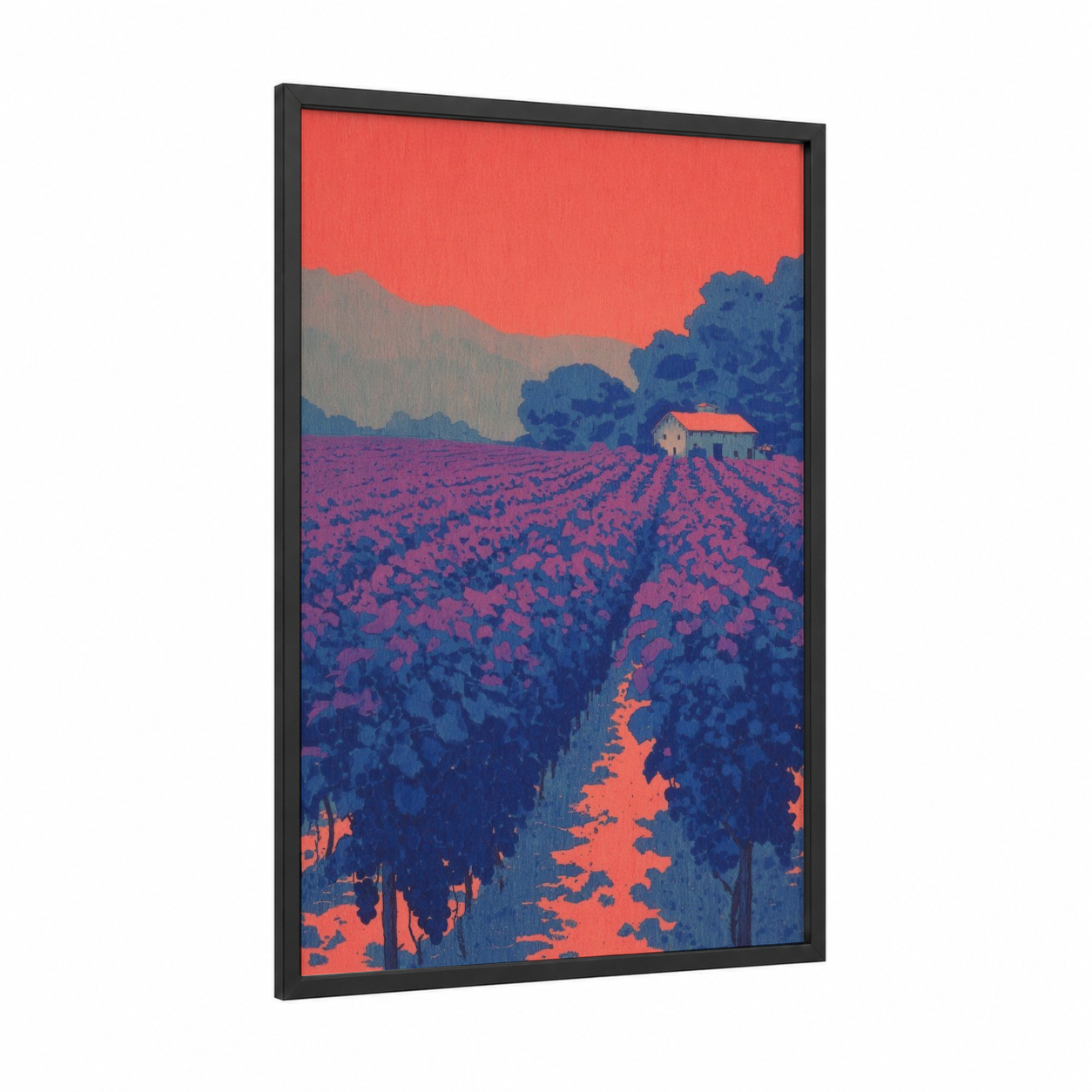 Crimson Vineyard framed wineries and cellars print — black wood frame — red and royal blue palette