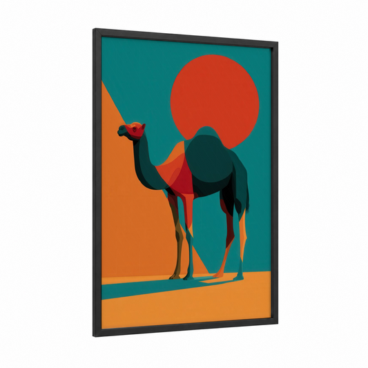 Desert Camel framed art print — black wood frame — teal and orange palette