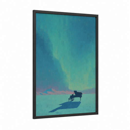 Aurora Piano framed art print — black wood frame — teal and turquoise palette