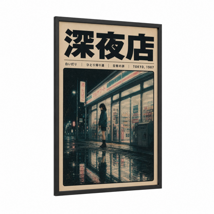 Tokyo Night Convenience Store Wall Art framed art print — black wood frame — teal and cream palette