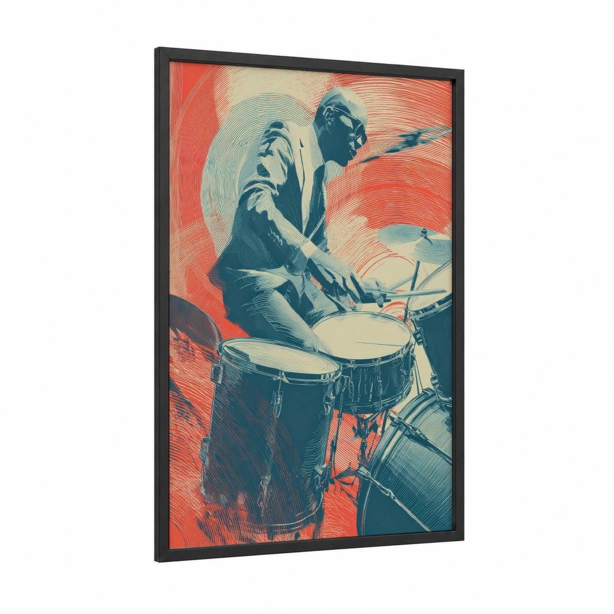 Passionate Drummer framed musician print — black wood frame — red and teal palette