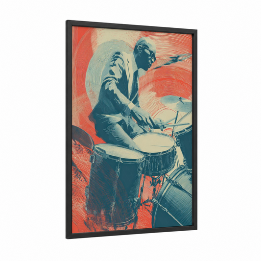 Passionate Drummer framed musician print — black wood frame — red and teal palette