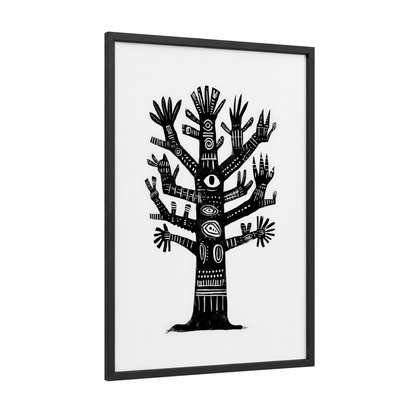 Mystical Baobab Tree framed art print — black wood frame — black and white palette
