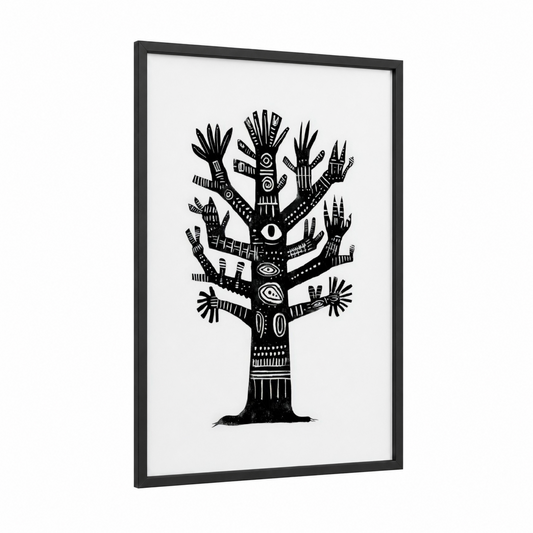 Mystical Baobab Tree framed art print — black wood frame — black and white palette