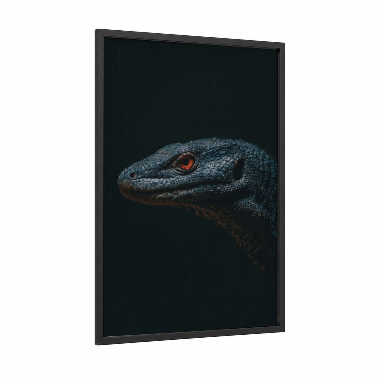 Crimson-Eyed Lizard framed art print — black wood frame — dark blue and red palette