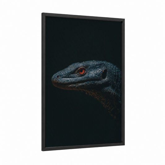 Crimson-Eyed Lizard framed art print — black wood frame — dark blue and red palette