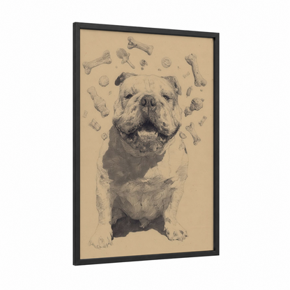 Playful Bulldog framed art print — black wood frame — beige and black and white palette