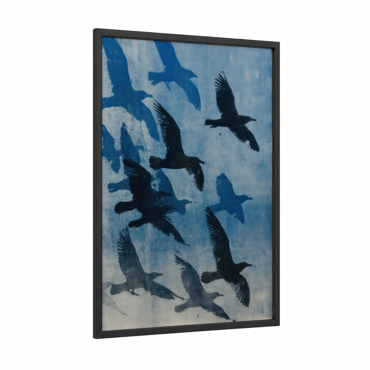 Soaring Seagulls framed art print — black wood frame — blue and white palette