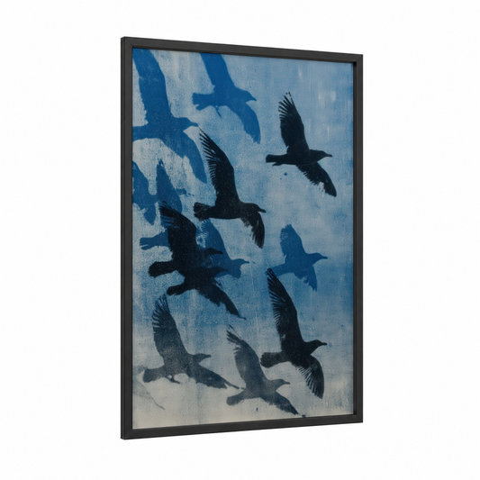 Soaring Seagulls framed art print — black wood frame — blue and white palette