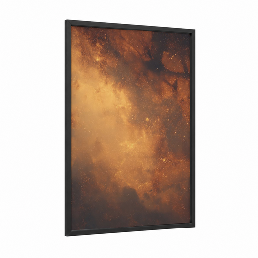 Golden Nebula framed art print — black wood frame — gold and orange palette