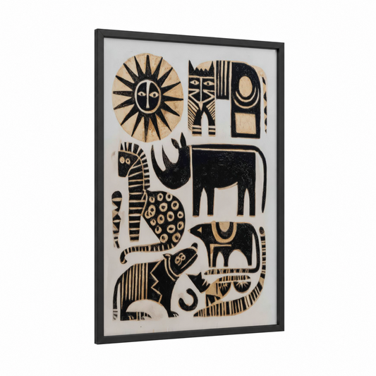 Tribal Animal Composition framed abstract traditional print — black wood frame — black and white and cream palette