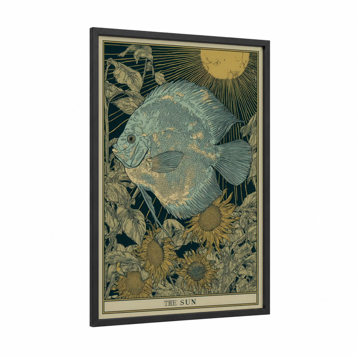 Sunlit Discus Fish framed art print — black wood frame — cream and dark blue palette