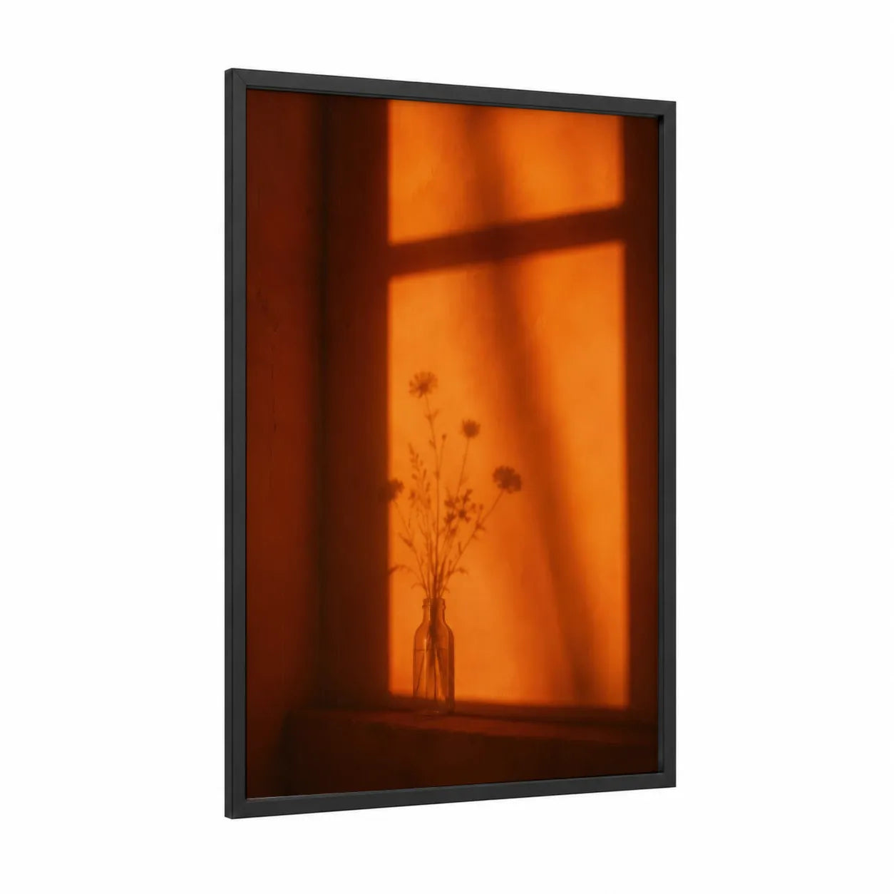 Sunset Window With Dried Flowers Wall Art framed art print — black wood frame — orange and brown palette