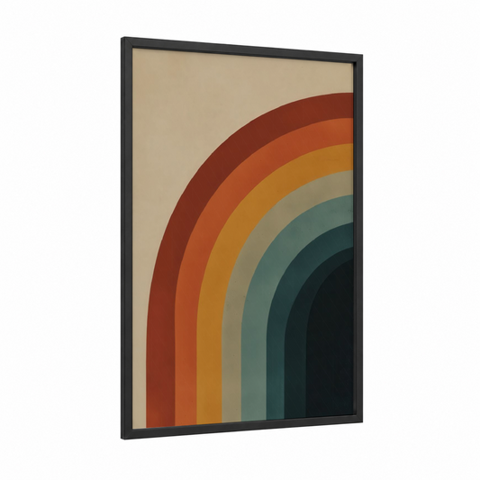 Vintage Rainbow Arc framed art print — black wood frame — mustard and sage green palette