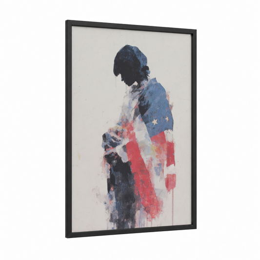 Patriotic Silhouette framed veterans day print — black wood frame — blue and red palette