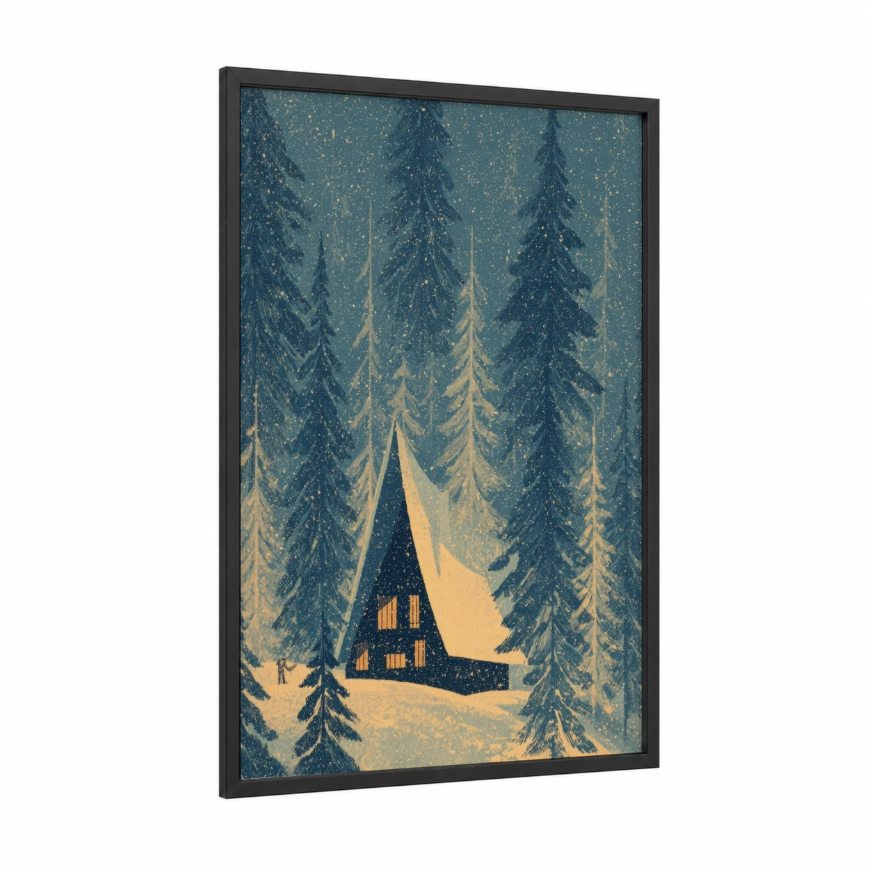 Snowy Cottage Dreams framed art print — black wood frame — teal and gold palette