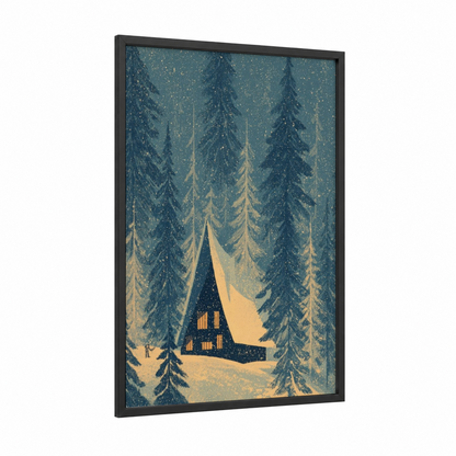 Snowy Cottage Dreams framed art print — black wood frame — teal and gold palette