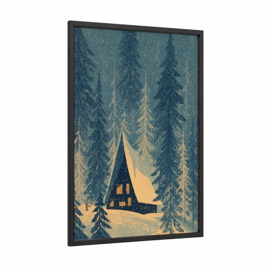 Snowy Cottage Dreams framed art print — black wood frame — teal and gold palette