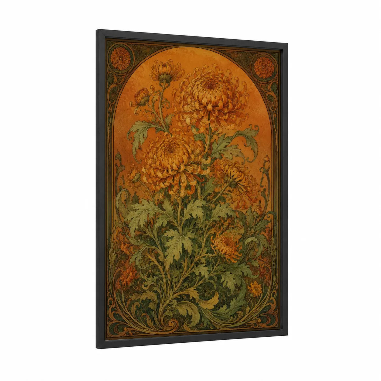 Vintage Chrysanthemum Art Deco Wall Art framed art print — black wood frame — orange and olive palette