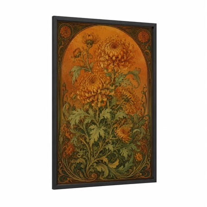 Vintage Chrysanthemum Art Deco Wall Art framed art print — black wood frame — orange and olive palette