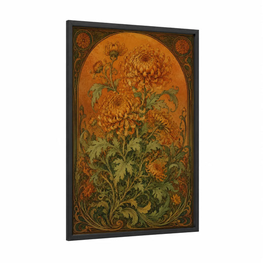 Vintage Chrysanthemum Art Deco Wall Art framed art print — black wood frame — orange and olive palette