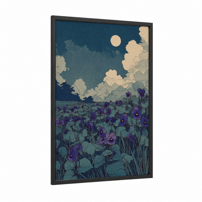 Moonlit Violets framed art print — black wood frame — dark blue and purple palette