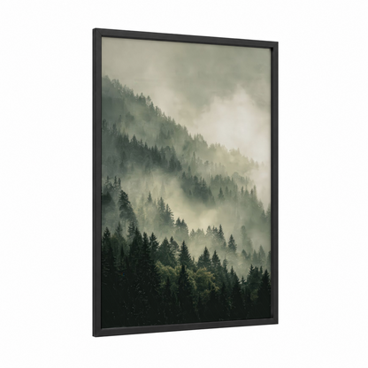 Misty Pine Forest framed art print — black wood frame — gray and sage green palette