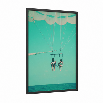 Turquoise Parasailing framed art print — black wood frame — turquoise and aquamarine palette