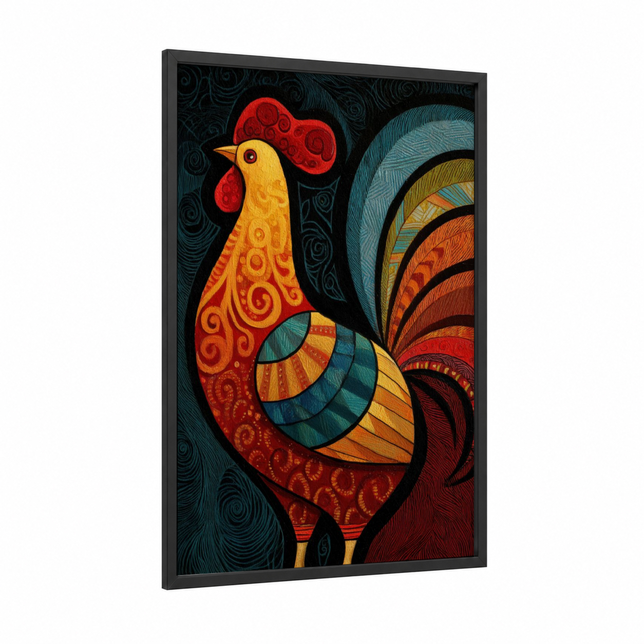 Ornamental Rooster framed chicken and roosters print — black wood frame — red and gold palette