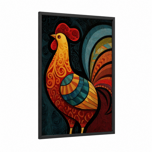 Ornamental Rooster framed chicken and roosters print — black wood frame — red and gold palette