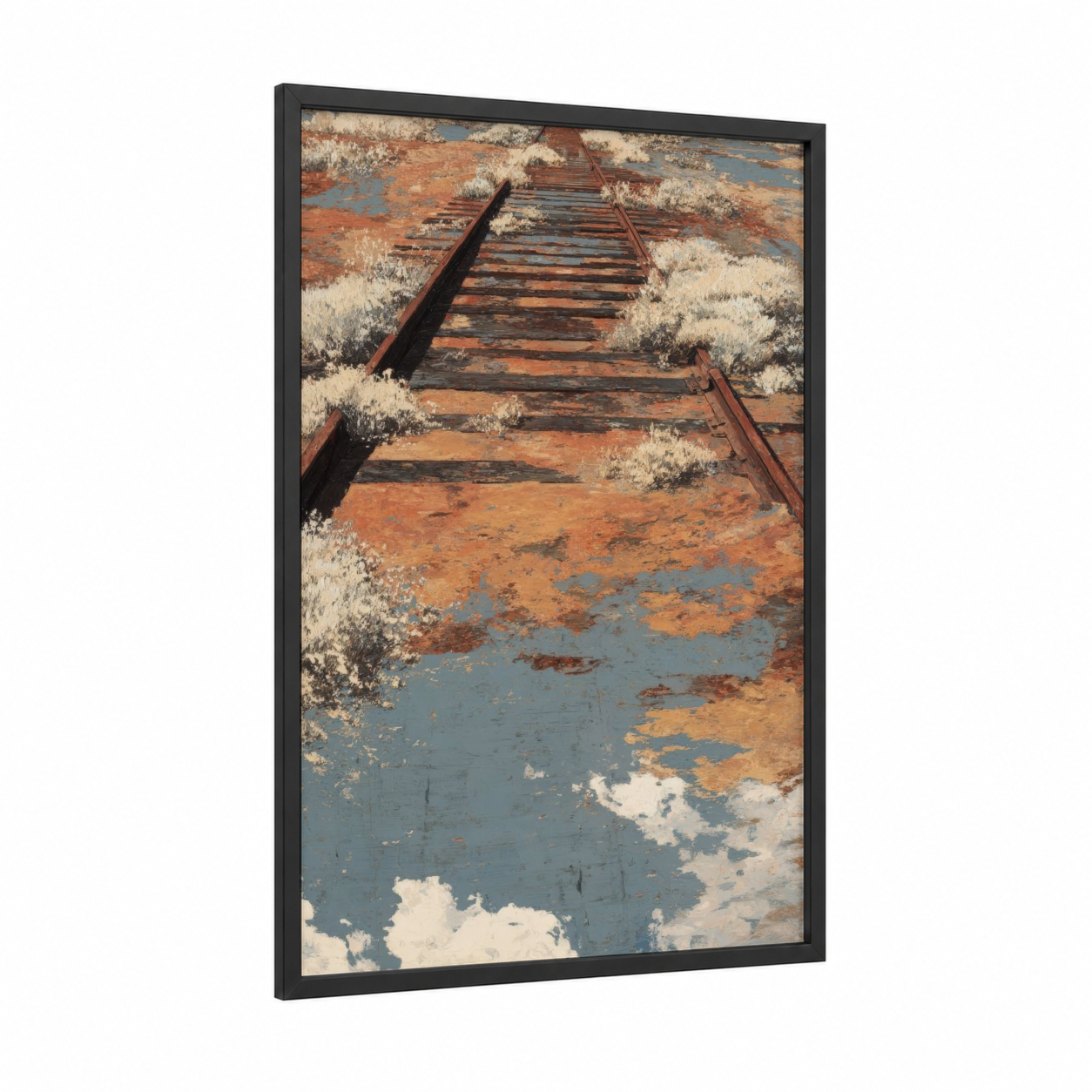 Abandoned Railway framed train tracks print — black wood frame — russet and blue and gray palette