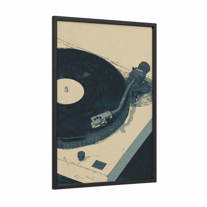 Vintage Turntable framed vinyl records print — black wood frame — cream and black palette