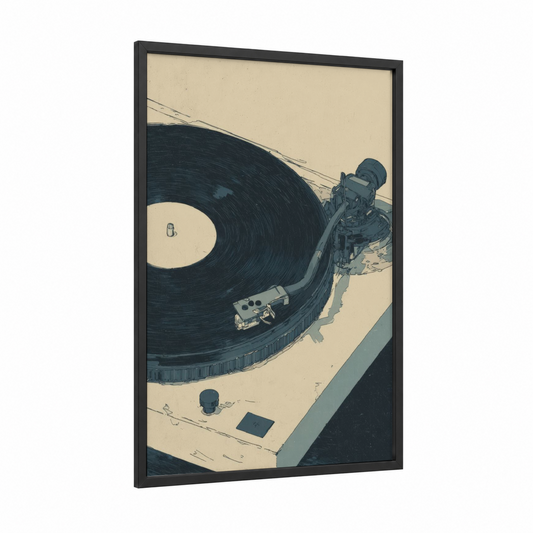 Vintage Turntable framed vinyl records print — black wood frame — cream and black palette