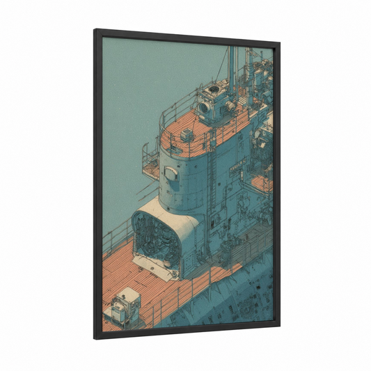 Vintage Submarine framed art print — black wood frame — bermuda gray and peach palette