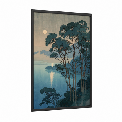 Moonlit Arbutus framed arbutus tree print — black wood frame — teal and cream palette