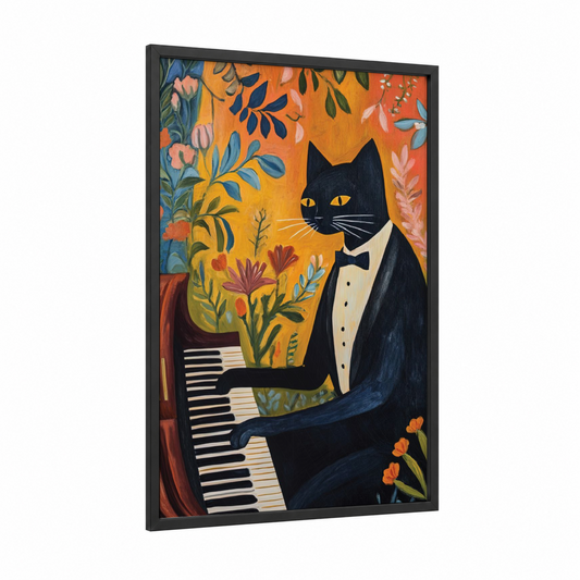 Formal Piano Cat framed art print — black wood frame — orange and gold palette