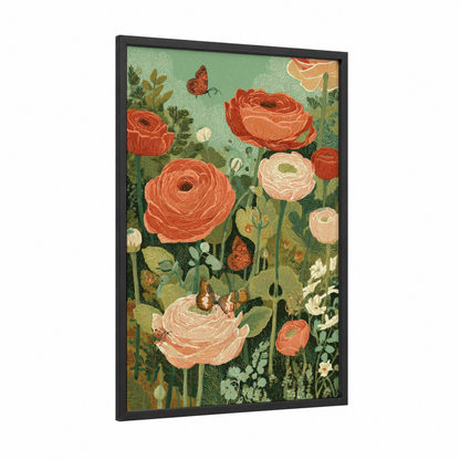 Coral Ranunculus Garden framed art print — black wood frame — sage green and salmon pink palette