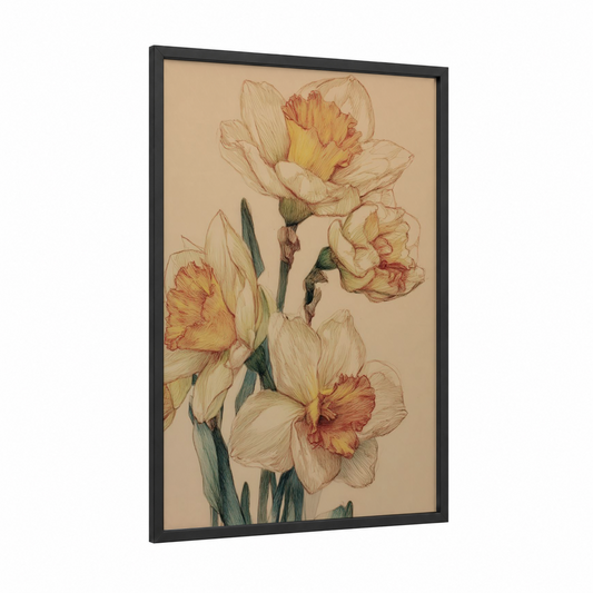 Golden Daffodil Cluster framed daffodils print — black wood frame — gold and peach palette