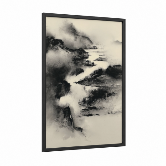 Misty Mountain River framed art print — black wood frame — black and white and gray palette
