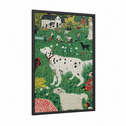 Garden Setter Portrait framed art print — black wood frame — true green and gold palette