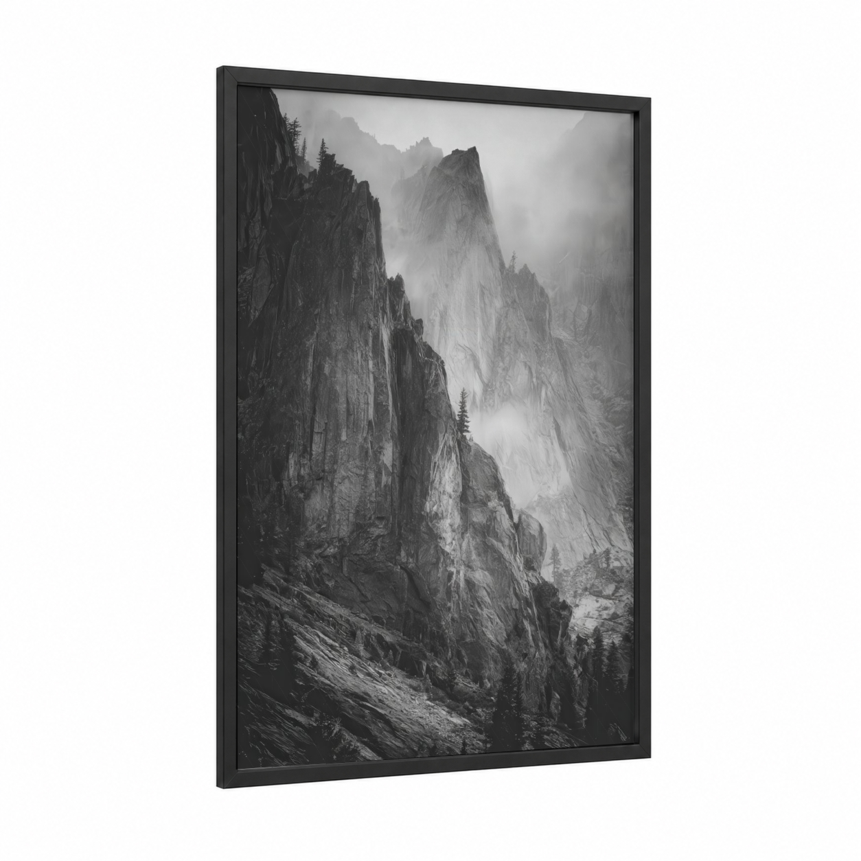 Misty Canyon Cliffs framed natural stones print — black wood frame — black and white and gray palette