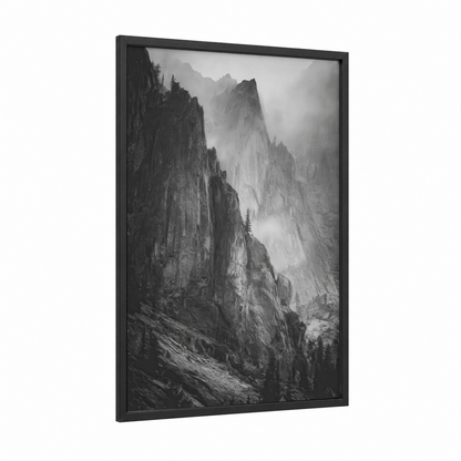 Misty Canyon Cliffs framed natural stones print — black wood frame — black and white and gray palette