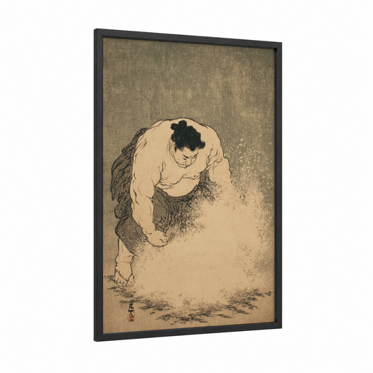 Sumo Wrestler Focus framed wrestling print — black wood frame — cream and gold palette