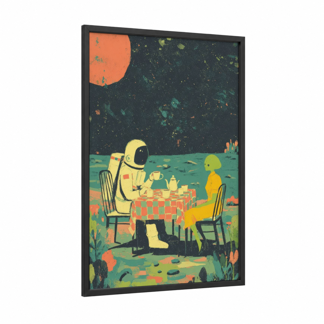 Lunar Picnic framed astronaut print — black wood frame — yellow gold and orange palette