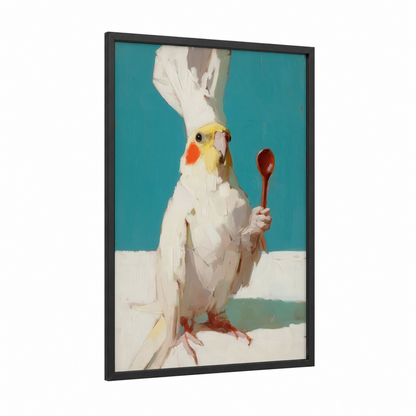 Whimsical Chef Cockatiel framed art print — black wood frame — blue and white palette
