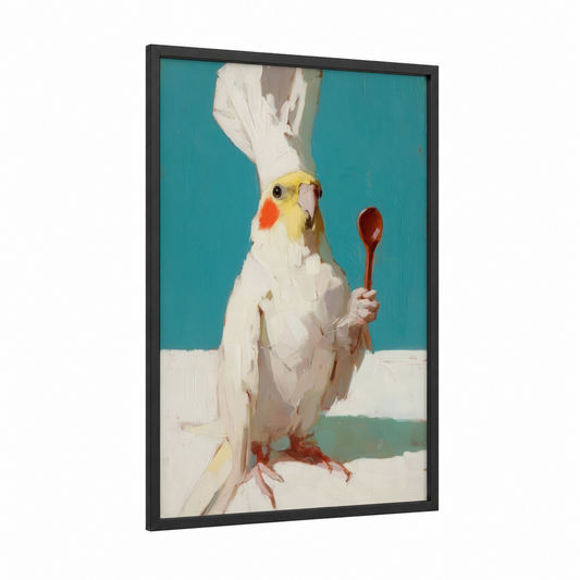 Whimsical Chef Cockatiel framed art print — black wood frame — blue and white palette